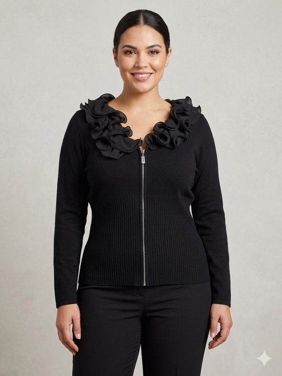 Belldini Sweaters - BELLDINI Black Marionette Ruffle Collar Rhinestone Zip Cardigan